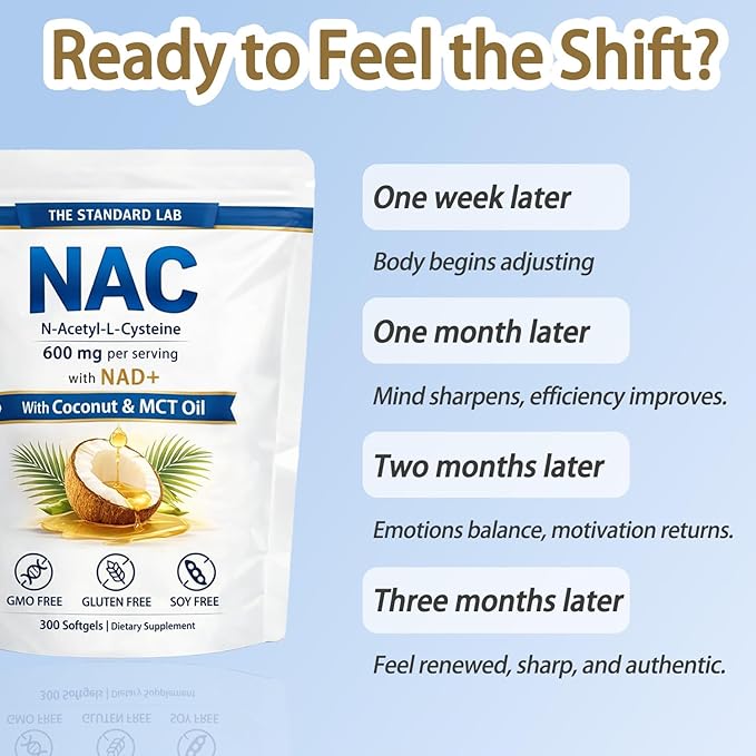 The Standard LAB NAC Supplement 600mg | N-Acetyl Cysteine with NAD+ &amp Coconut Oil | Nicotinamide Complex | Non-GMO | 300 Count