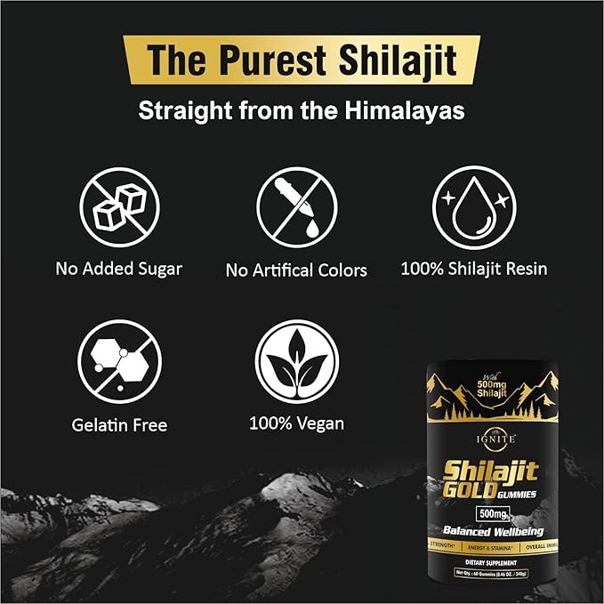 Pure Himalayan Shilajit Gummies – 75%+ Fulvic Acid High Potency Gold Grade – Blend for Energy Vitality &amp Immune Support Travel - Friendly Tamarind Flavor – 60 Gummies