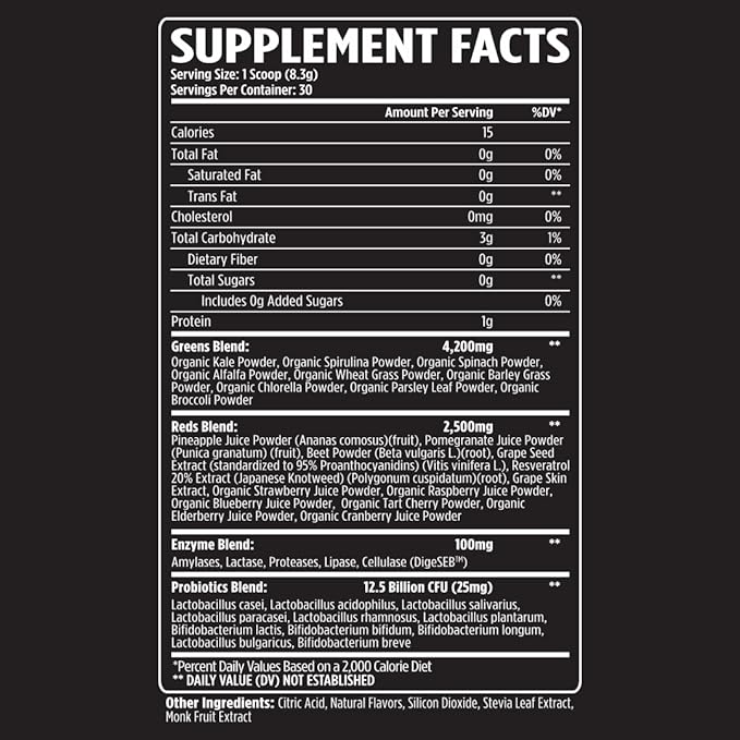 VMI Sports Greens + Reds Advanced Superfood Immunity and Gut Health | Enzymes &amp Probiotics | 30 Servings (Raspberry Lemonade)