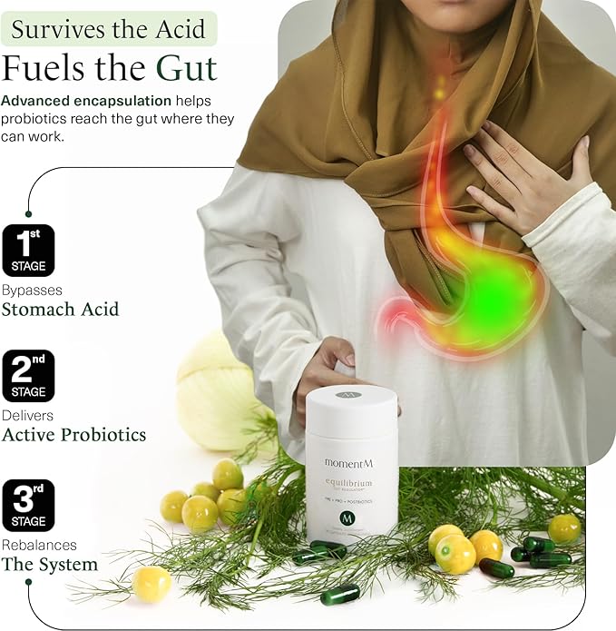 momentM Equilibrium 3-in-1 Probiotics for Women &amp Men Digestive Health Prebiotics and Probiotics for Women with HOWARU Strains Postbiotics &amp Fennel for Bloat &amp Gut Health12.5B CFU 30 C