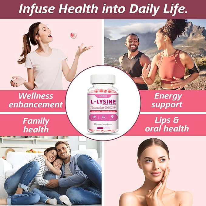 2 Pack L-Lysine Gummies 1000mg Lysine Gummies Supplement for Adults &amp Kids Essential Amino Acid with L-Arginine L-Glutamine for Lip &amp Skin Immune Calcium Absorption Strawberry Flavor 12