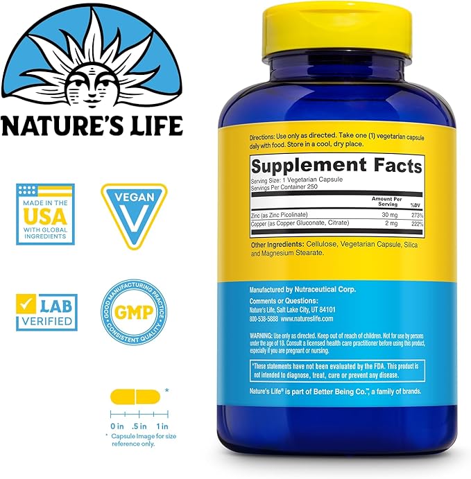 Nature's Life Zinc Picolinate 30mg Plus 2mg of Copper - Chelated Zinc Supplement for Immune Cardiovascular Skin Cellular Function and Muscle Support - 60-Day Guarantee - 250 Servings 250 Capsules