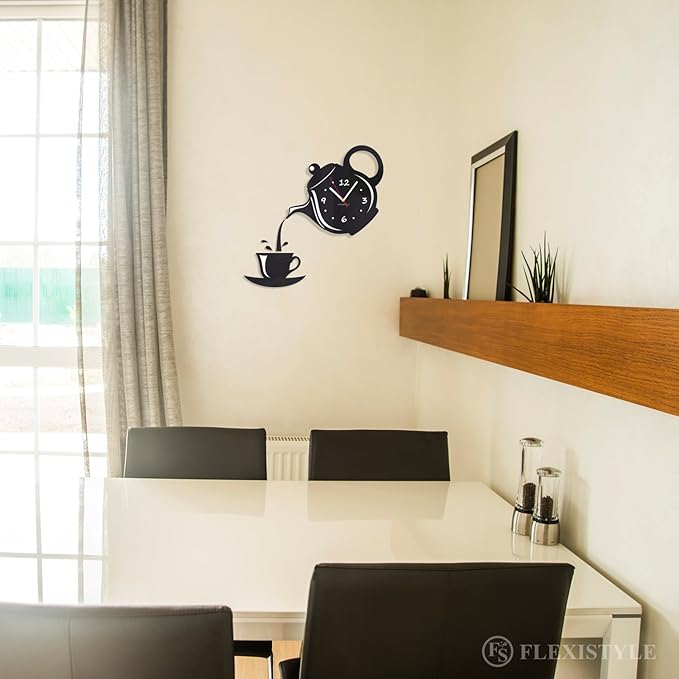 FLEXISTYLE Modern Kitchen Wall Clock Cup and Jug Black 45 cm x 45 cm 3D Silent Design Made in EU