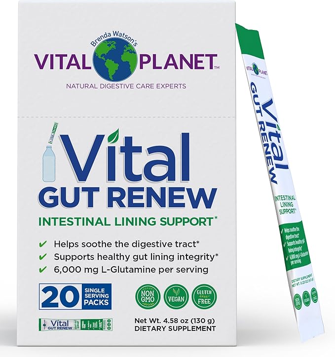 Vital Planet - Vital Gut Renew Powder Supplement for Leaky Gut Repair with L-Glutamine Marshmallow and Ginger Root DGL Licorice Root and Organic Aloe Vera L Glutamine 6000mg 20 Single Serve Packs