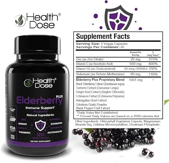 Premium Immune Support Bundle by Health Dose Omega 3 Fish Oil Triple Strength Gluten-Free Non-GMO 120 Softgels + Elderberry Plus 11 in 1 Defense Immune Support Booster 120 Chlorophyll Capsules.