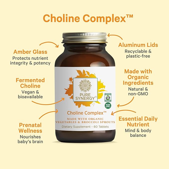 PURE SYNERGY Choline Complex | Vegan Choline Supplement Made with Organic Whole Foods | Non-GMO Bioavailable Complex | for Pregnancy Brain and Liver Health (60 Tablets)