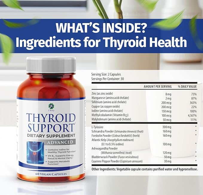 1 Body Thyroid Support Supplement 90-Day Supply 3 Pack with B12 Iodine Zinc Selenium Ashwagandha Non-GMO Vegetarian Formula