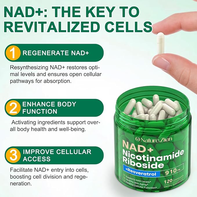 NAD Supplement NAD Nicotinamide Riboside 910 Mg for Men and Women Liposomal Nicotinamide Riboside Resveratrol for Anti-Aging Energy Focus Boost NAD+ - 120 Capsules
