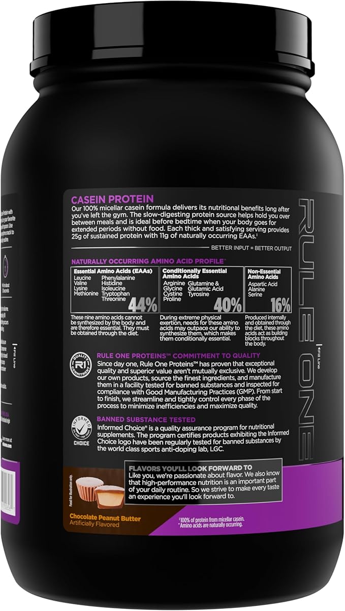 Rule 1 Proteins Casein Protein - 25g Protein and 11g EAAs Per Serving from Slow-Release Micellar Casein for Overnight Recovery and Sustained Delivery Between Meals (2 Pounds Chocolate Peanut Butter)
