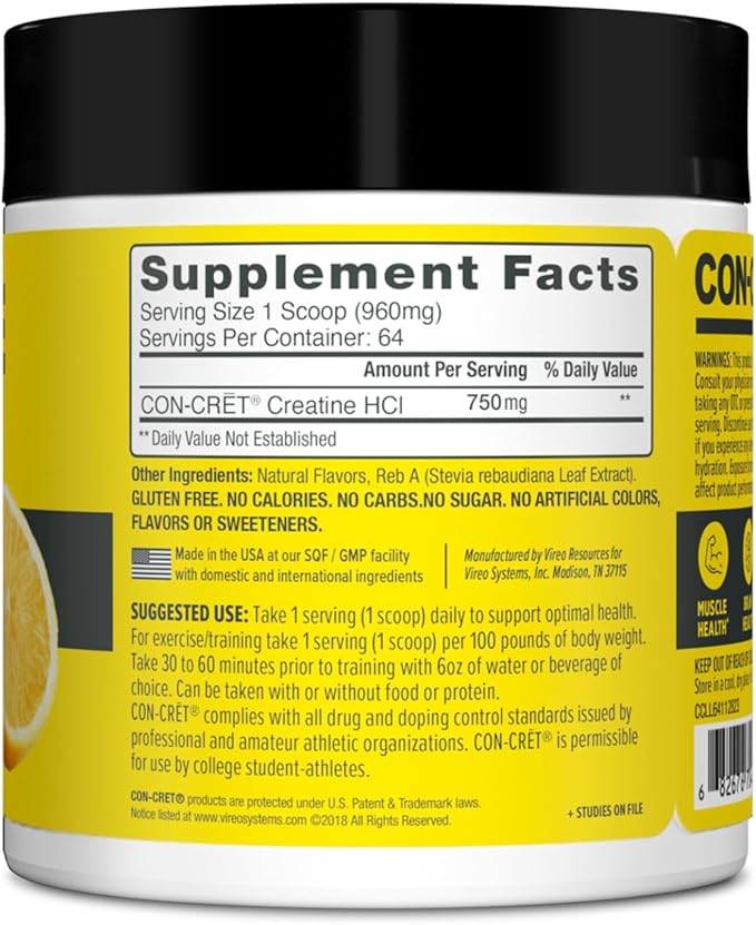 CON-CRET Creatine HCl Powder | Muscle Cognitive Cellular Energy Support | No Bloating or Cramps | USA Made &amp NSF Certified | Lemon Lime (64 Serving)