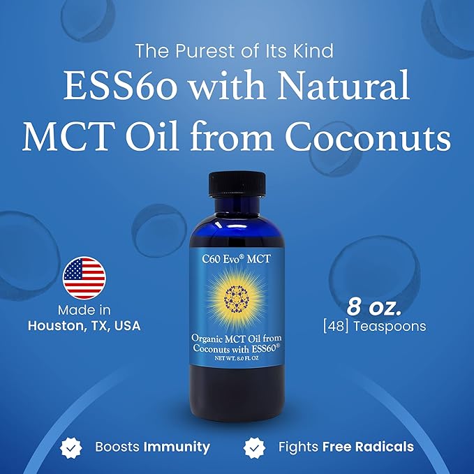 MCT Oil from Coconuts with C60 ESS60 Immune Support Sleep Aid Rich in Antioxidants Flexibility and Joint Support Supplement Promotes MCT Wellness for Energy Boost 8 oz