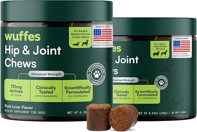 Wuffes Advanced Dog Hip and Joint Supplement with Glucosamine Chondroitin Omega 3 MSM and Green Lipped Mussel (Pack of 2 Small &amp Large Breed)