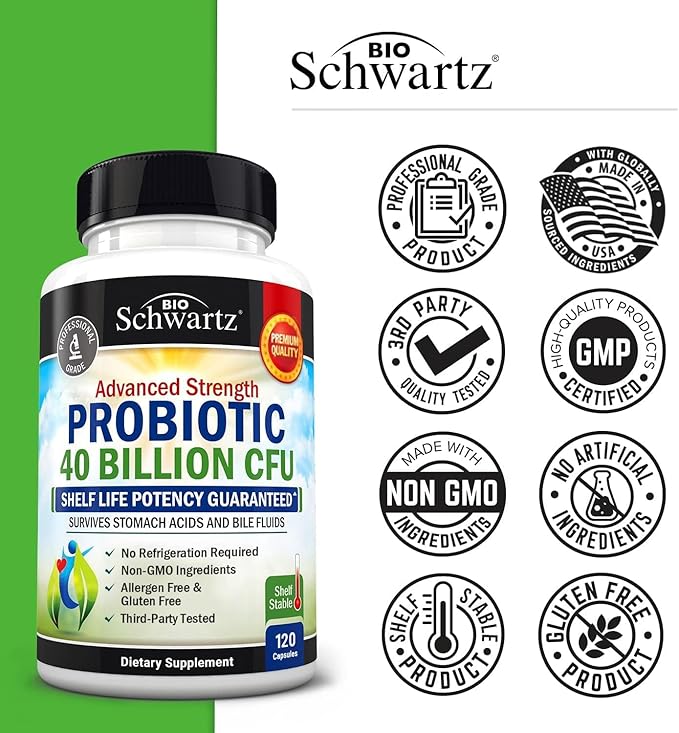 BioSchwartz Daily Probiotic Nutritional Supplement - 40 Billion CFU for Gut Health - Probiotics for Men and Women - Digestive Health with Astragalus &amp Lactobacillus - Shelf Stable - 120 Count