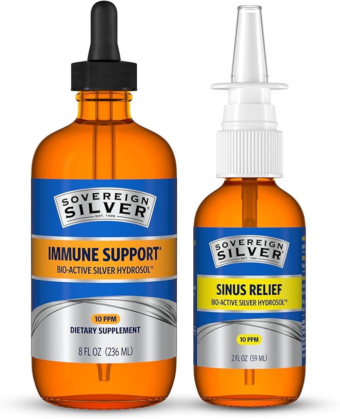 Sovereign Silver Immune Support + Natural Nasal Spray Bundle Colloidal Silver Bio-Active Hydrosol 10 PPM 8 Fl Oz Immune Support with Liquid Dropper &amp 2 Fl Oz Sinus Care Combo Pack
