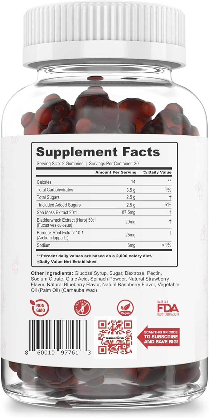 ORGANICS NATURE Irish Sea Moss Gummies for Lung Detox Thyroid Strength Immune &amp Energy Support Vegan Seamoss Gummies for Kids &amp Adults - 60 Vegan Gummy Bears Berry Flavored (Pack of 3)