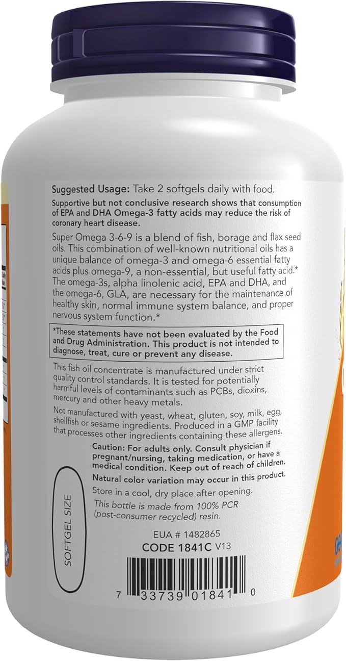 NOW Foods Supplements Super Omega 3-6-9 1200 mg with a blend of Fish Borage and Flax Seed Oils 180 Softgels