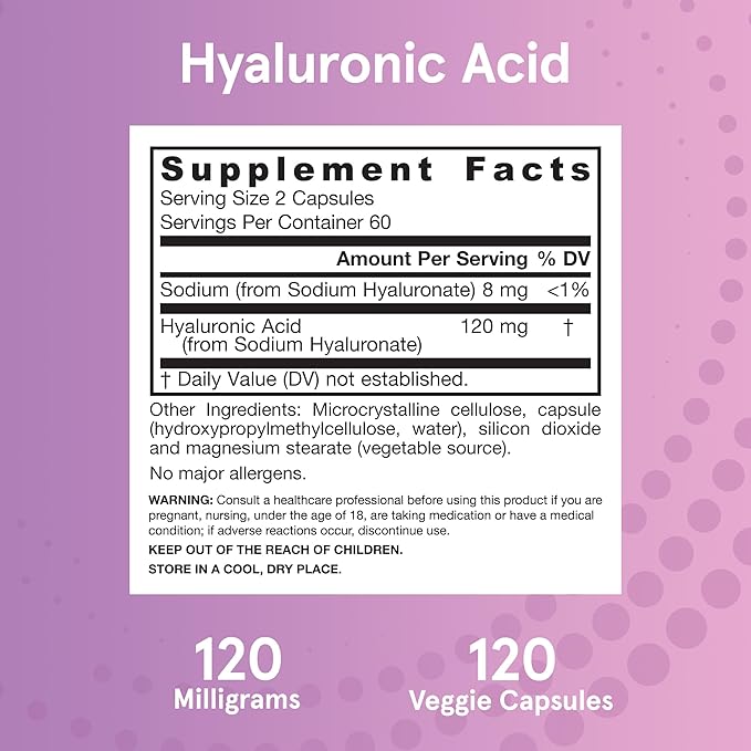 Jarrow Formulas® Hyaluronic Acid 120 mg Dietary Supplement Skin Health Support 120 Veggie Capsules Up to 60 Day Supply(Pack of 2)