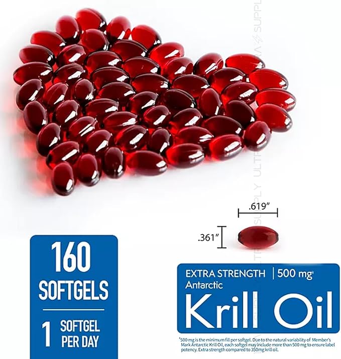 Members Mark Krill Oil (160 Count) Extra Strength Antarctic Omega-3 500 mg | Heart Health Support Enhanced Absorption No Fishy Aftertaste | MSC-Certified Pure Antarctic Source