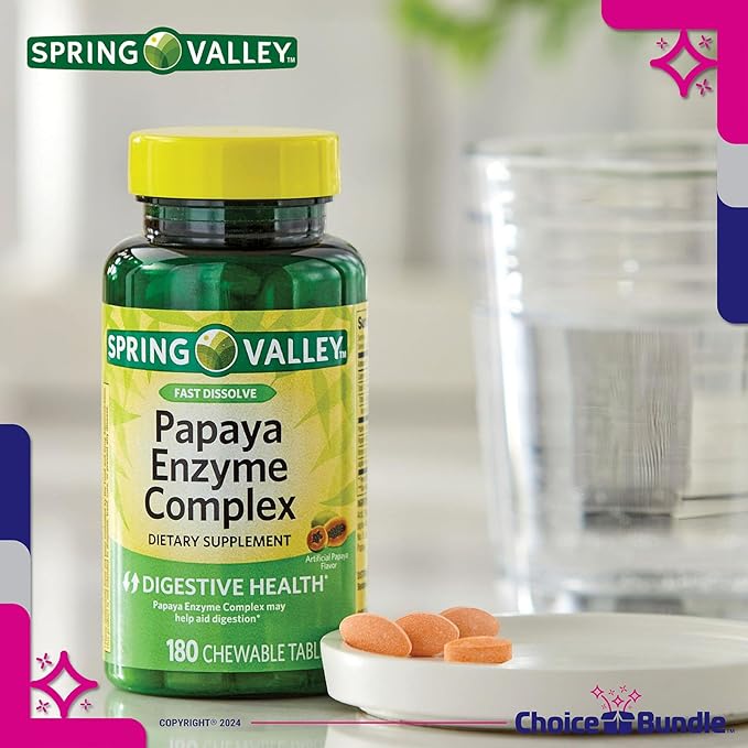 Spring Valley Papaya Enzyme Complex Chewable Tablets Digestive Health 180 Ct 4 pk (720 Total) + Vitamin Vitality &amp Pill Container (6 Items)!