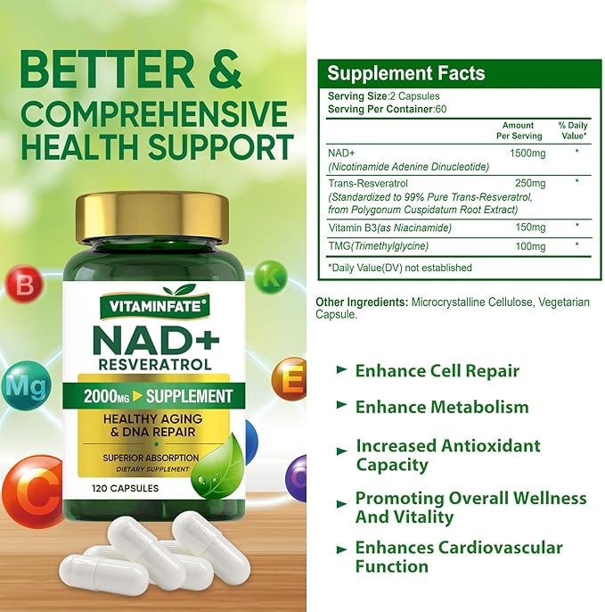 NAD+ Supplement 2000 mg - 120 Capsules True NAD+ &amp Resveratrol NMN Alternative Supports Anti-Aging Cellular Energy &amp Repair Metabolism &amp Brain Boost for Men &amp Women