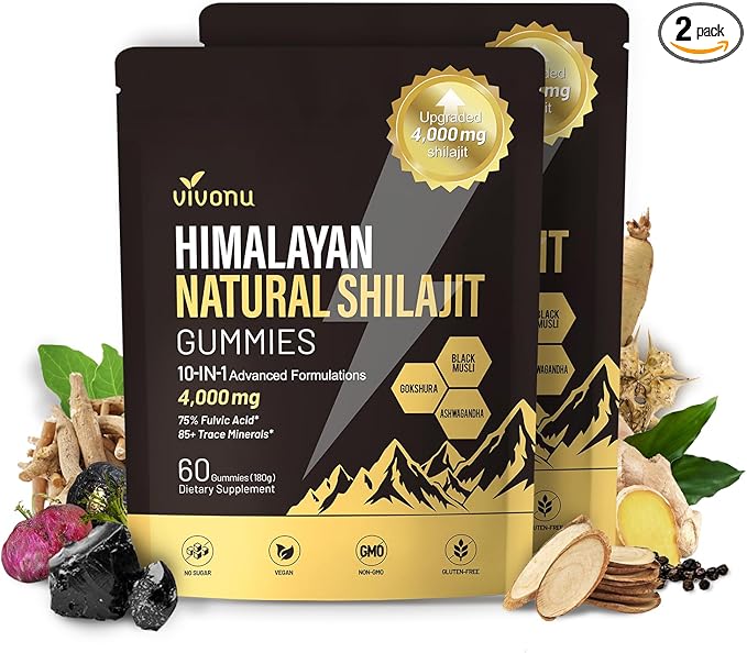 Shilajit Gummies for Men &amp Women | 4000mg High Potency 10-in-1 Formula with Pure Himalayan Shilajit Ashwagandha and 75% Fulvic Acid | Sugar-Free Vegan 85+ Trace Minerals Men 4000mg / 2 Bag
