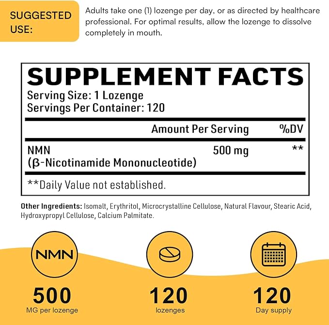 Sublingual NMN 500mg Max Absorbency &amp Fast-Acting NMN Supplement（240-Day Supply） 99% Pure NMN (Nicotinamide Mononucleotide) for NAD Cell Immune Energy Muscle Anti-Aging Longevity 240 Loze