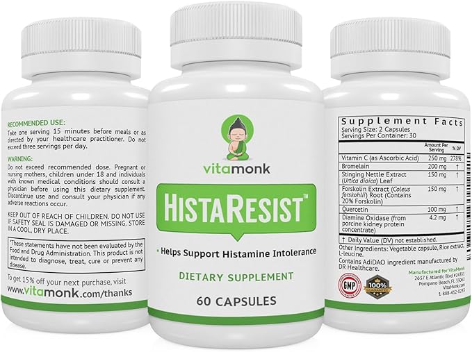 VitaMonk Histamine Blocker for Histamine Intolerance - HistaResist - DAO Enzyme Supplement Optimal Dose of Diamine Oxidase to Help Shield Histamine for Smooth Digestion - 60 Capsules