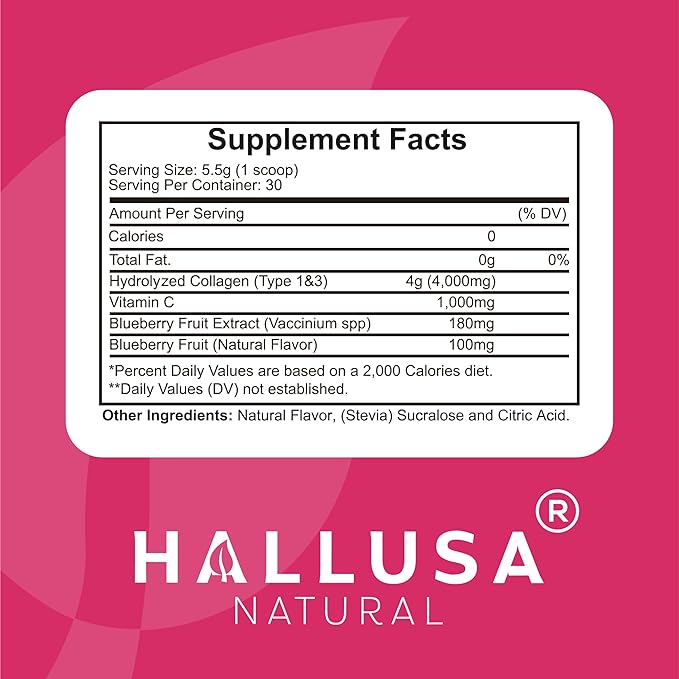 Hallusa Natural Hydrolyzed Collagen Powder (Type I III) 4000mg + 1000mg Vitamin C 5.82 oz (30 Servings) Healthy Hair Skin Nails Bone &amp Joint Support BlackBerry &amp Blueberry Flavor