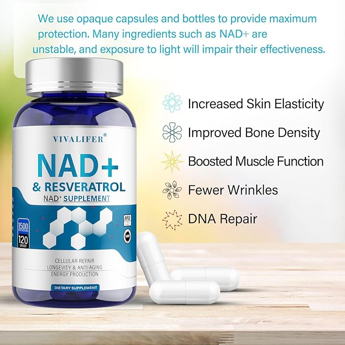 NMN Supplement Alternative 1500 mg - 120 Capsules (40 Day Supply) High Purity NAD+ &amp Resveratrol for Anti-Aging Antioxidant Support Energy &amp Focus Boost