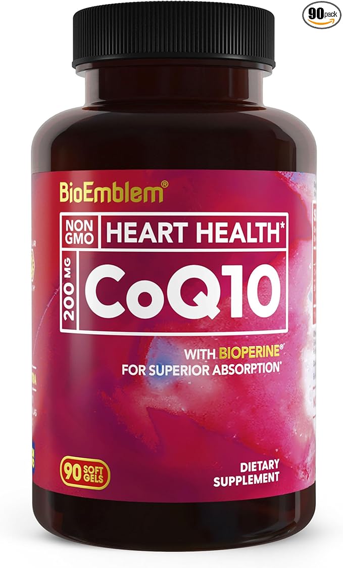 BioEmblem CoQ10 with BioPerine - 200mg Softgels High Absorption - Coenzyme Q10 Antioxidant for Energy Production Heart Health - Natural Form Non-GMO CoQ10 Supplement - 90 Count