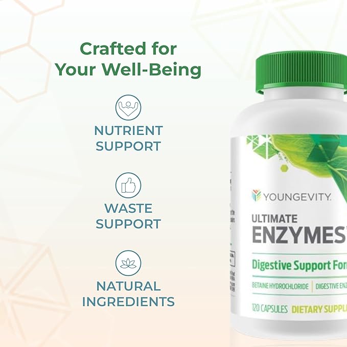 Youngevity Ultimate Enzymes® - Multi Enzymes for Digestion Gas &amp Bloating Relief - Betaine HCl Ox Bile Pancreatine 10X Papain 6M Pepsin 1:3000 (120 Capsules)
