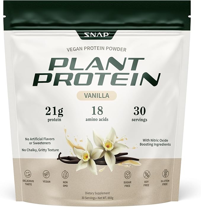 Snap Supplements Organic Plant Based Vegan Protein Powder Nitric Oxide Boosting Protein Powder Vanilla Bean BCAA Amino Acid for Muscle Growth Performance &amp Recovery - 30 Servings (Vanilla)