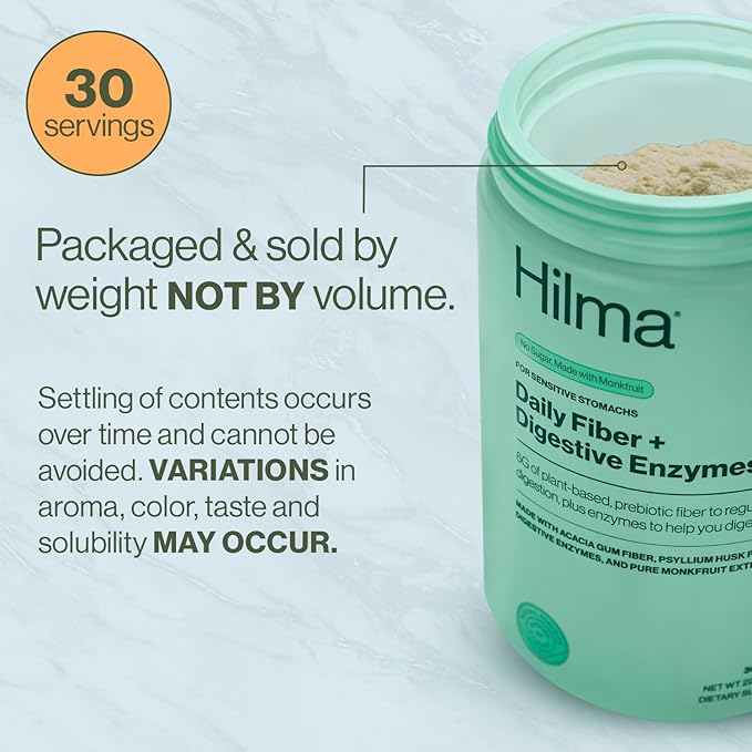 Hilma Daily Fiber and Digestive Enzymes Fiber Supplement Powder with Prebiotics and Enzymes Formulated with Psyllium Husk and Acacia Gluten Free Vegan FSA Eligible Digestive Support 30 Servings