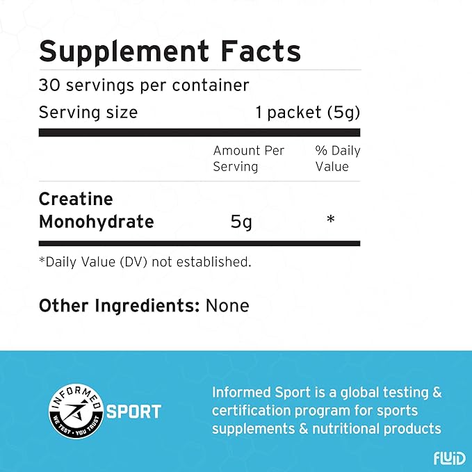 Fluid Creatine - Informed Sport Certified | Ultra-Fine Micronized 100% Creatine Monohydrate Powder | Unflavored | 5g Travel Stick Packs | 30 Servings