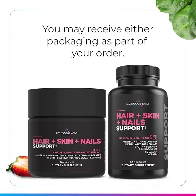 Livingood Daily Hair Skin &amp Nails Supplement 14-in-1 Formula with Biotin Collagen Keratin Bamboo Selenium Folate B12 Zinc and More Beauty Supplement for Women &amp Men Gluten Free 60