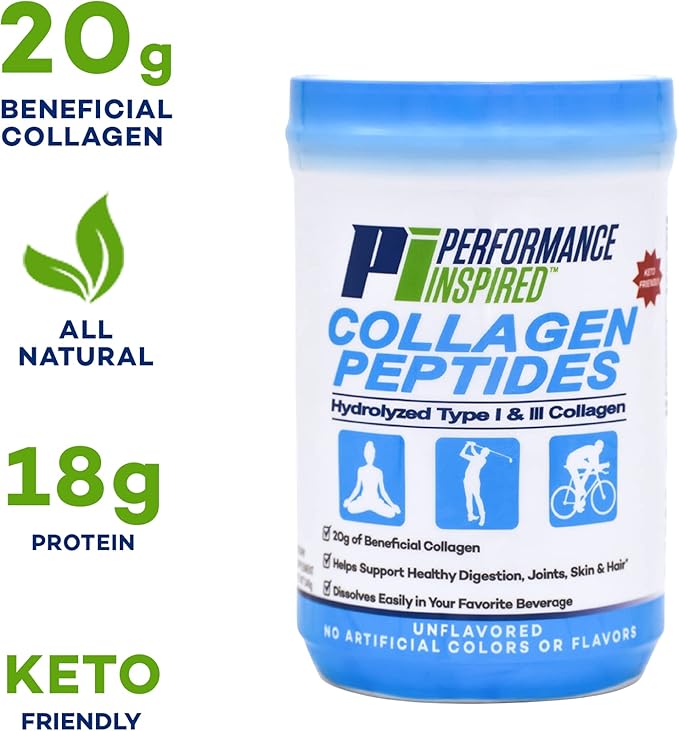 PERFORMANCE INSPIRED Nutrition Hydrolyzed Collagen Peptides Powder – 18g Protein – Type I &amp III Collagen – Joint Skin Nails &amp Digestive Support – All Natural – Unflavored
