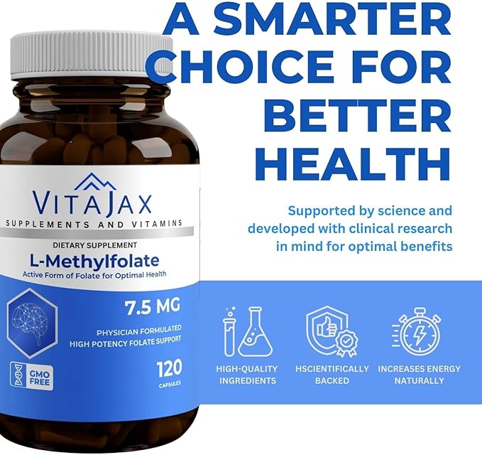 L Methylfolate 7.5 mg | 120 Caps | Value Pack | Max Potency | Active Folate | Gluten Free | Methyl Folate 5-MTHF | No Filler Doctor Designed and Formulated