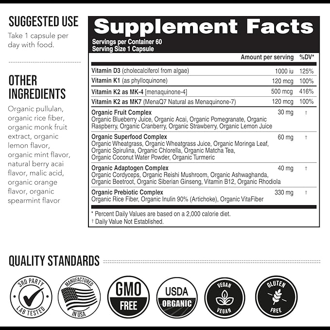 Total K2® | Vitamin K2 as MK7 &amp MK4 | Plus K1 &amp Vitamin D3 Cofactor - 620 mcg K2 per Serving - All-Trans MK7 from MenaQ7® - Full-Spectrum Vitamin K - Vegan Organic Certified (60 Capsules)