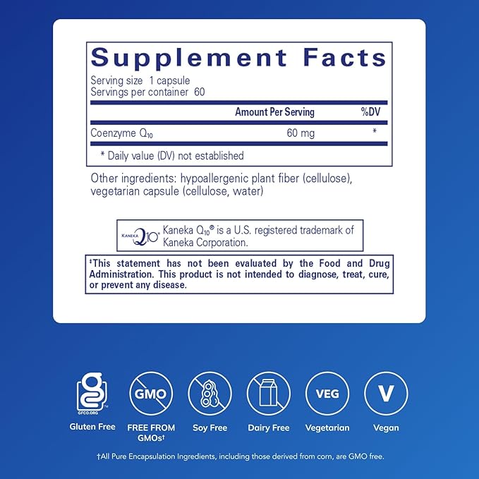 Pure Encapsulations CoQ10 60 mg | Coenzyme Q10 Supplement for Energy Antioxidants Brain and Cellular Health Cognition and Cardiovascular Support* | 60 Capsules