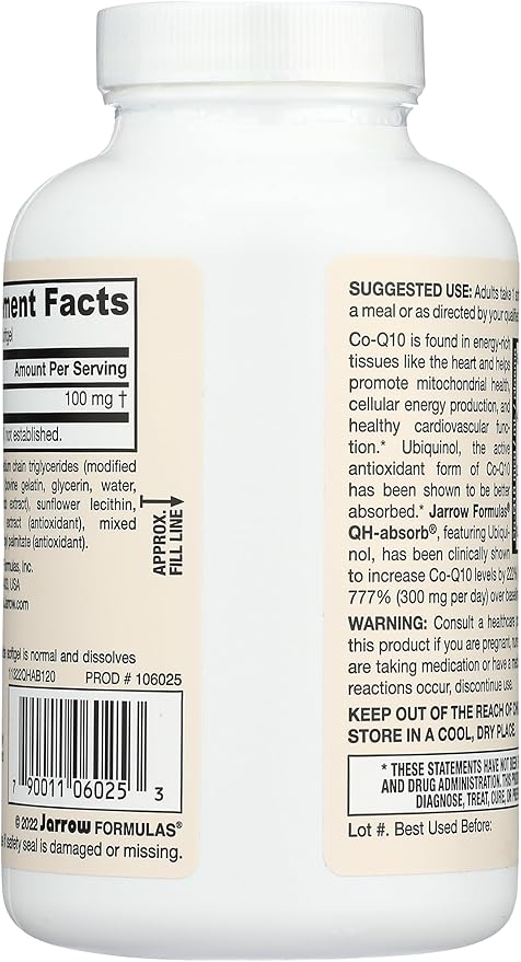 Jarrow Formulas QH-Absorb 100 mg Max Absorption - CoQ10 Ubiquinol &amp Vitamin D3 62.5 mcg (2500 IU) - 100 Servings (Softgels)
