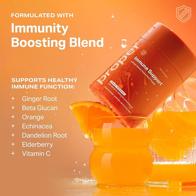 Proper The Oranges Immune Support Supplement. Orange Tangerine Drink Mix. Elderberry Vitamin C and Zinc Complex with Echinacea Immunity Vitamins Phytonutrients and Gut Health Probiotic