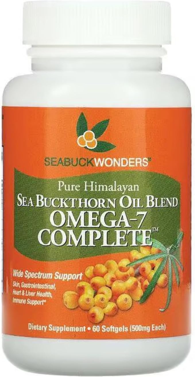SeabuckWonders Organic Sea Buckthorn Oil Omega-7 Complete 60 Softgels 30 Day Supply with Omega 3 6 &amp 9 Supports Hair Skin &amp Nails Overall Health &amp Wellness