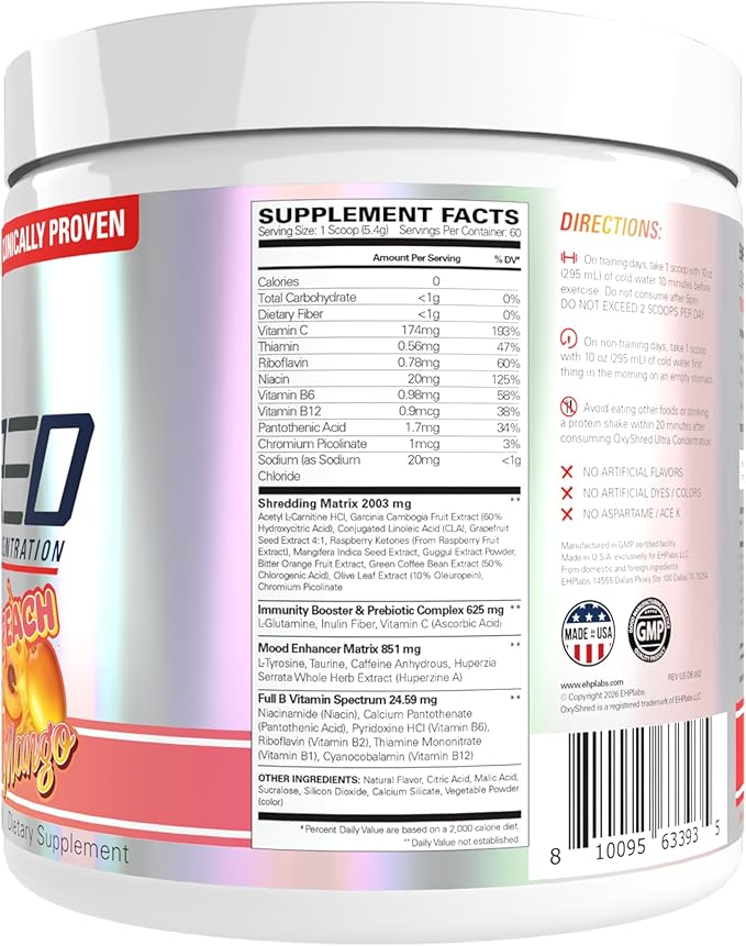 EHP Labs OxyShred Pre Workout Powder - Preworkout Powder with L Glutamine &amp Acetyl L Carnitine Energy Boost Drink - Peach Mango 60 Servings