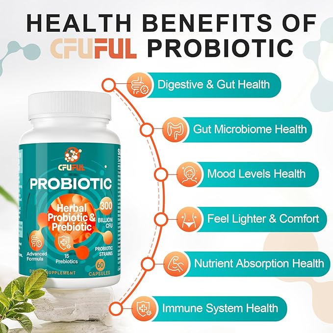 Probiotics for Women &amp Men - 300 Billion CFU 24 Strains Probiotic + 15 Organic Herbs Prebiotics Blend for Overall Digestive Gut Health Immune Constipation &amp Bloating Shelf Stable - 2 Mont