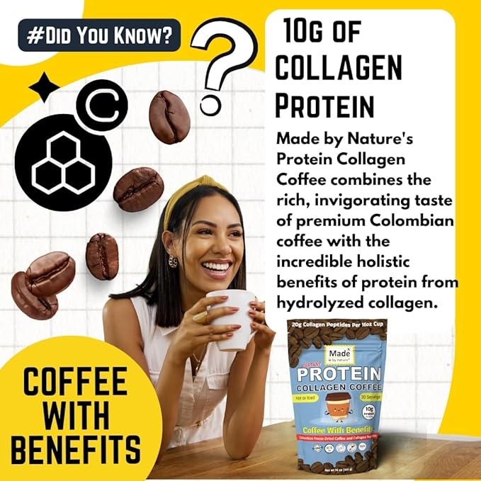 Made by Nature Collagen Protein Coffee | 30 Servings | Colombian Coffee | 10g Protein | Type 2 Collagen | Skin Joint Muscle Support | Energy Boost | Hot/Iced (30 Servings Collagen Protein Coffee)