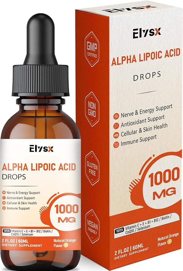 Alpha Lipoic Acid Liquid Drops 1000mg ALA Supplement for Nerve and Antioxidant Support with Biotin Natural Orange Flavor 2FL OZ
