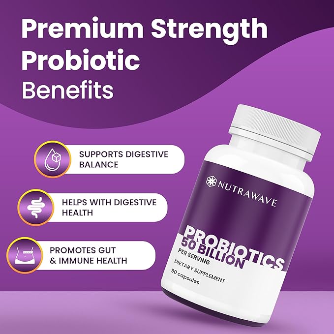 NEW Nutrawave 50 Billion Probiotics for Women &amp Men 15 Strains Active Culture. Relieves Bloating &amp Constipation Improved Digestion &amp Gut Health Supplement Vegan. 60 Powerful Small Capsu