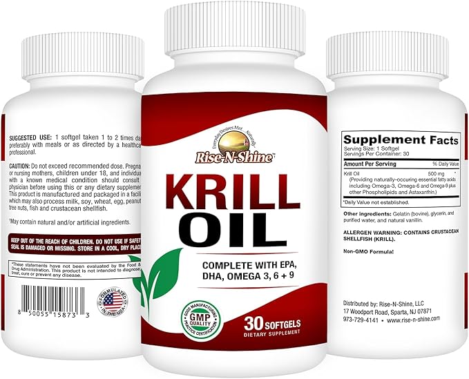 Rise-N-Shine Krill Oil Softgels Omega 3 6 &amp 9 with EPA &amp DHA Support 500 mg Krill Oil per Softgel Non-GMO Formula 30 Softgels Manufactured in the USA with Globally Sourced Ingredients