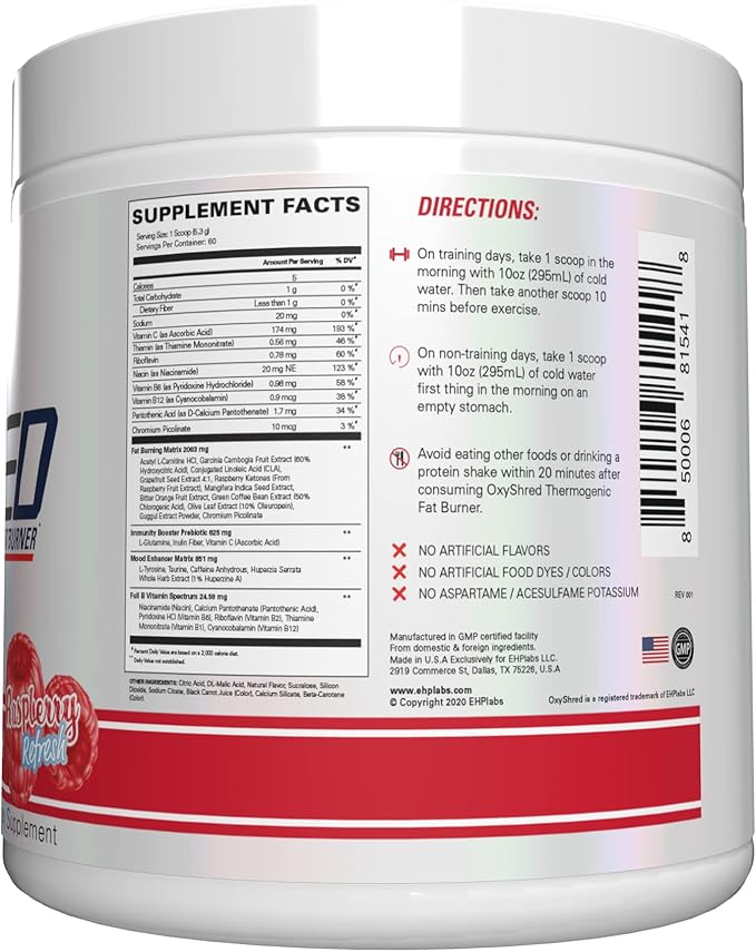 EHP Labs OxyShred Pre Workout Powder - Preworkout Powder with L Glutamine &amp Acetyl L Carnitine Energy Boost Drink - Raspberry Refresh 60 Servings