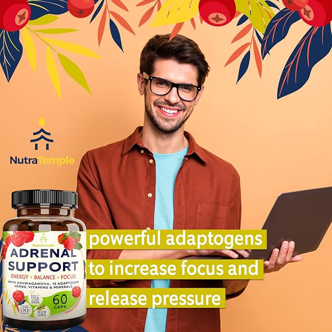 Adrenal Support &amp Cortisol Manager – Extra Strength Adrenal Fatigue Supplements for Energy Brain Fog with Ashwagandha Rhodiola Rosea L Thyrosine Holy Basil – 60 Non GMO Pills